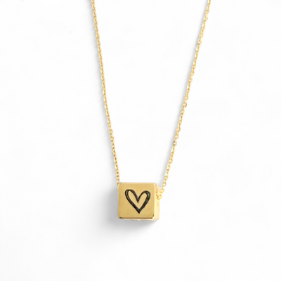 Heart Etched Cube Necklace - Gold
