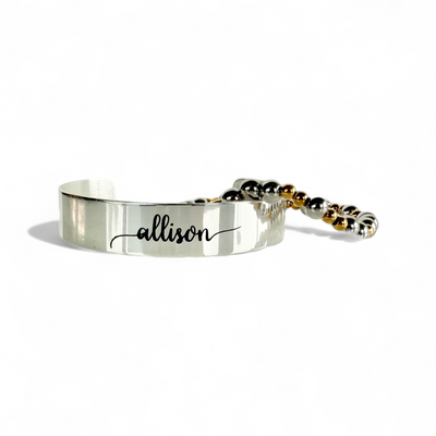 .5 Custom Engraved Smooth Silver Cuff - Lower Case Name in Pacifico Font