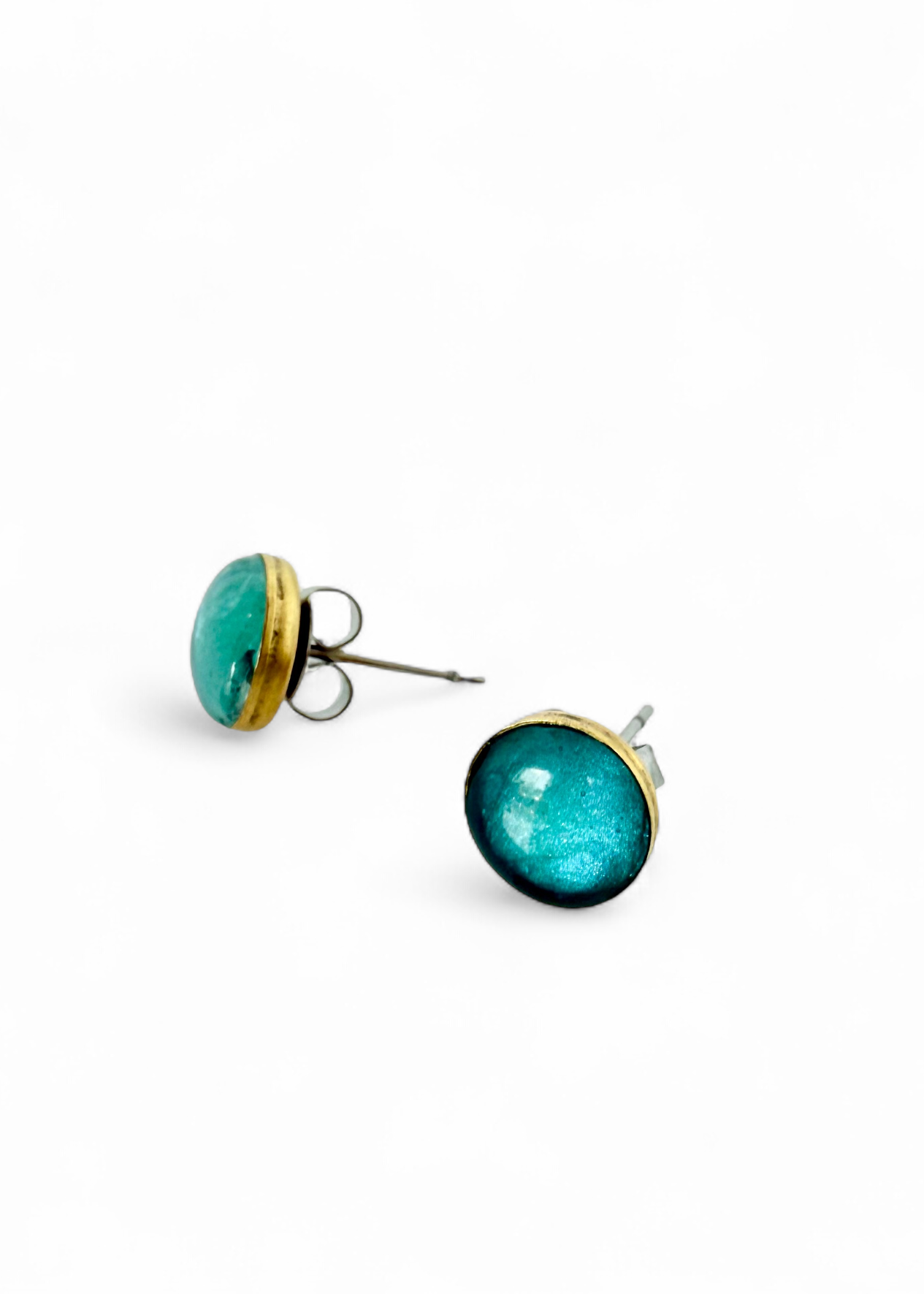 Mini Round Stud Earrings - Sea Glass - Gold
