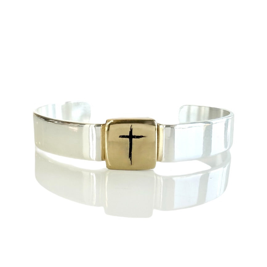 .5 Engraved Cross-Small Square Cuff - Silver with Gold Square