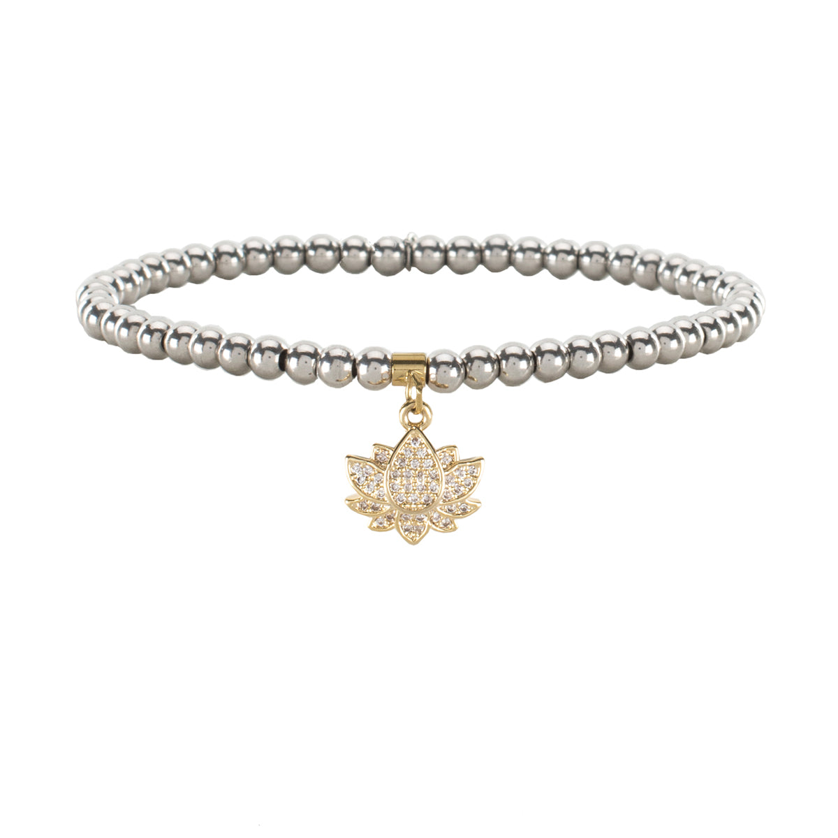 +Ireland Mini Silver Beaded Bracelet with Gold Pavé Lotus Charm