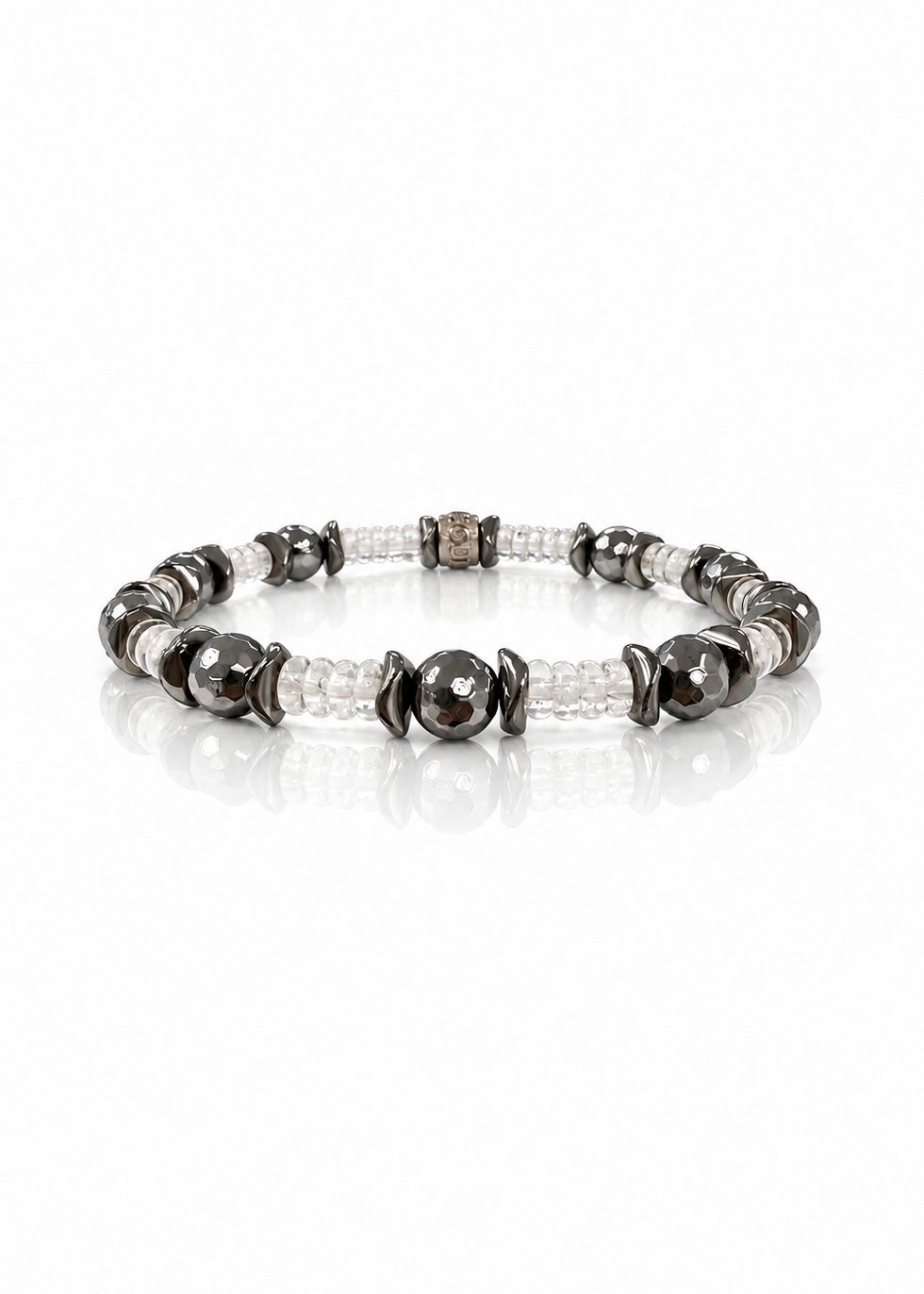 Encore glass and silver hematite beaded bracelet with Rustic Cuff logo, front view