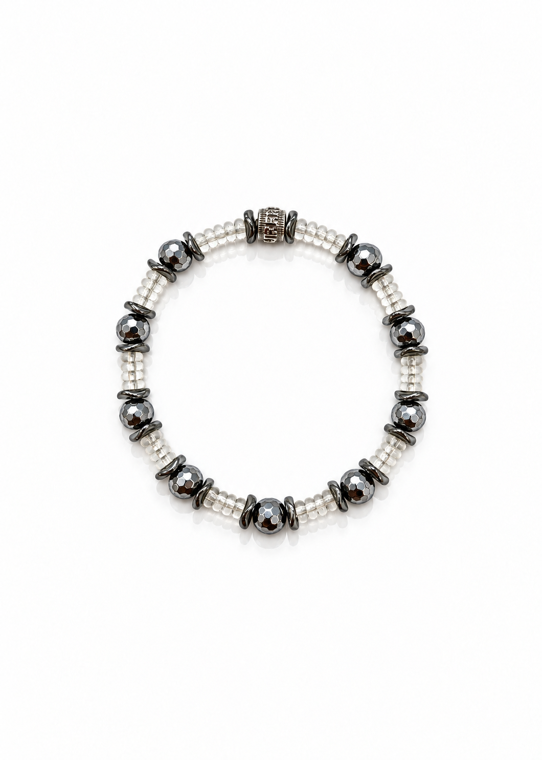 Encore glass and silver hematite beaded bracelet with Rustic Cuff logo, top view