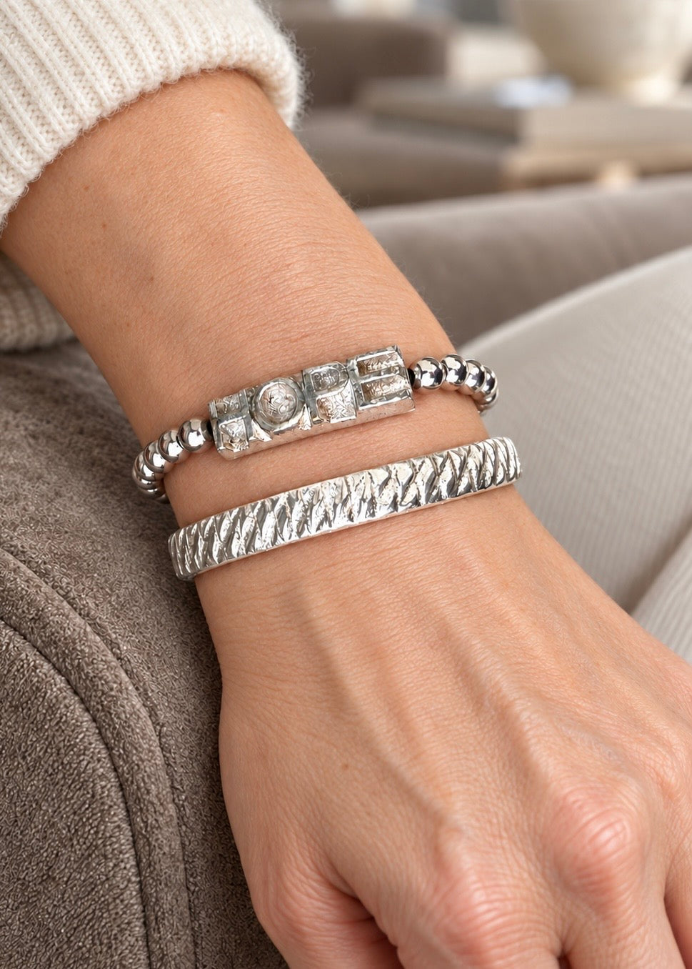 Silver Hope bracelet styled with a separate cuff