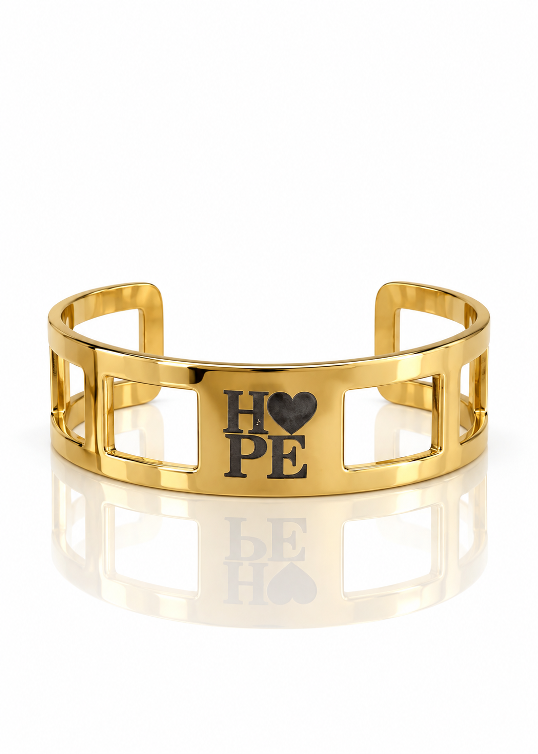Gold Hope brass cuff with engraved heart detail