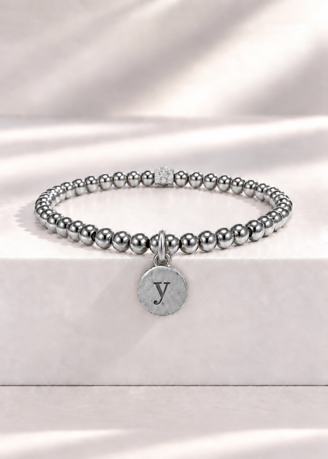 Silver stainless steel beaded bracelet with Y initial pendant