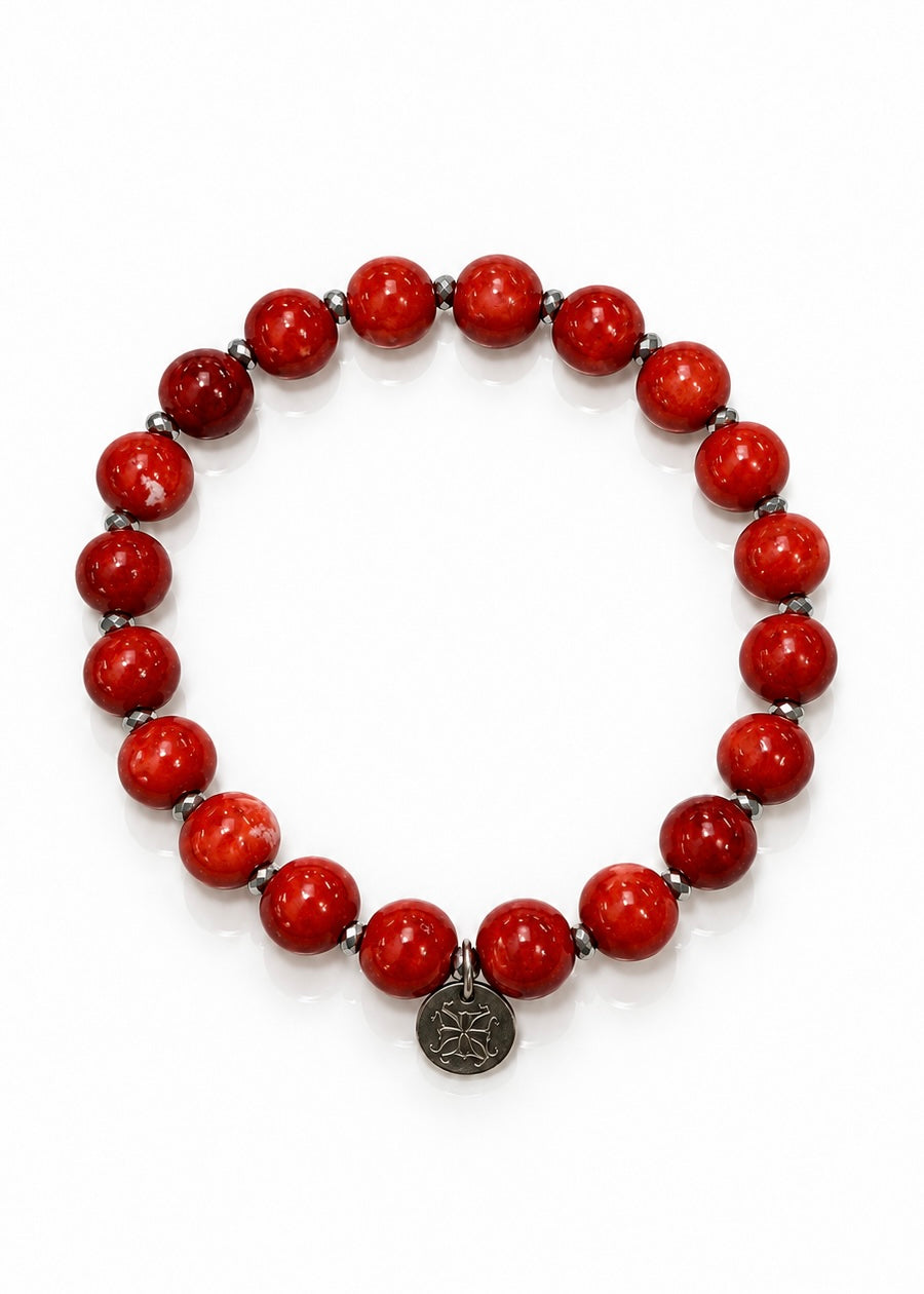 Jasper Lane – Red bracelet with silver Rustic Cuff logo charm
