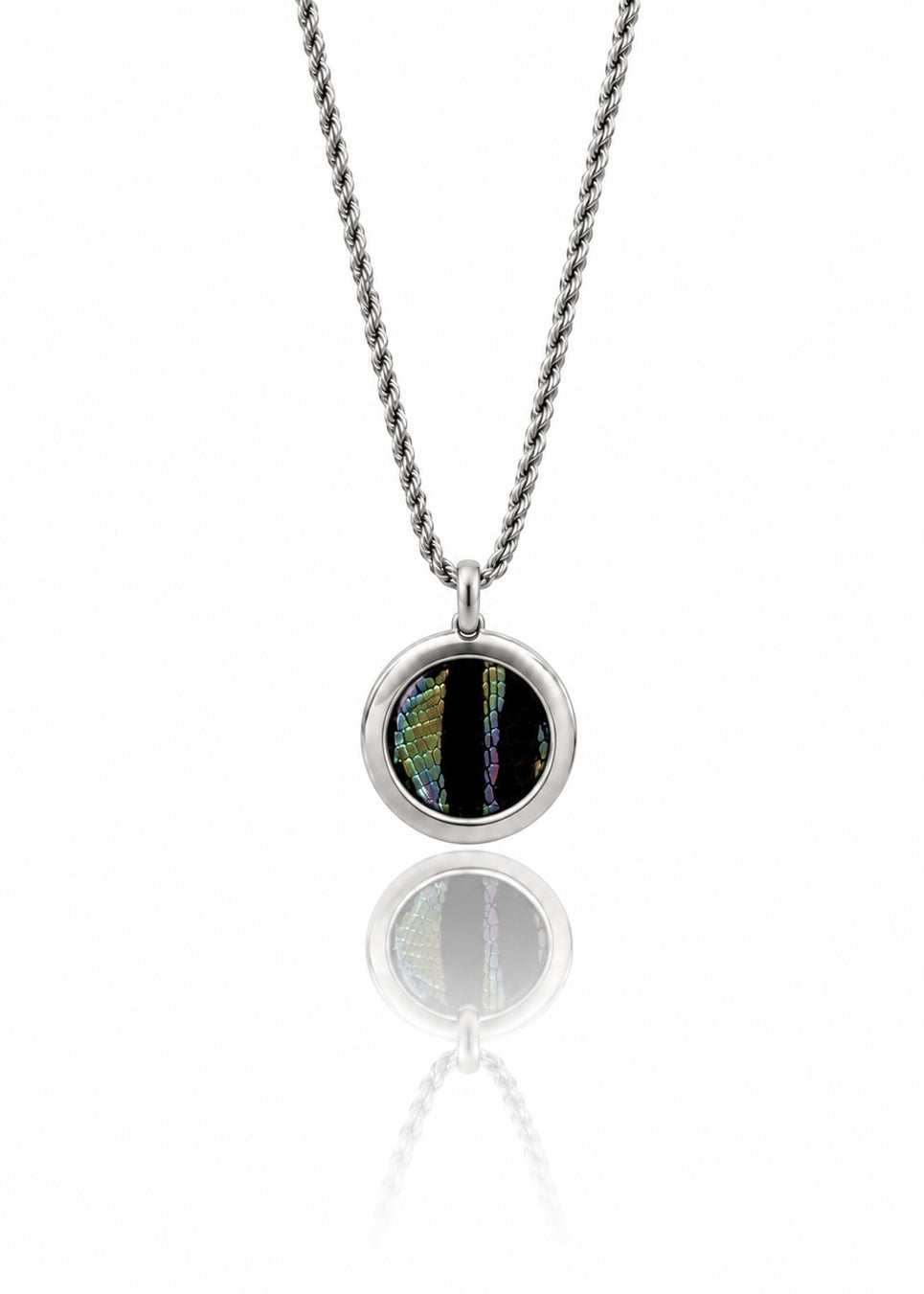 Out Past Midnight lizard skin pendant necklace with stainless steel rope chain