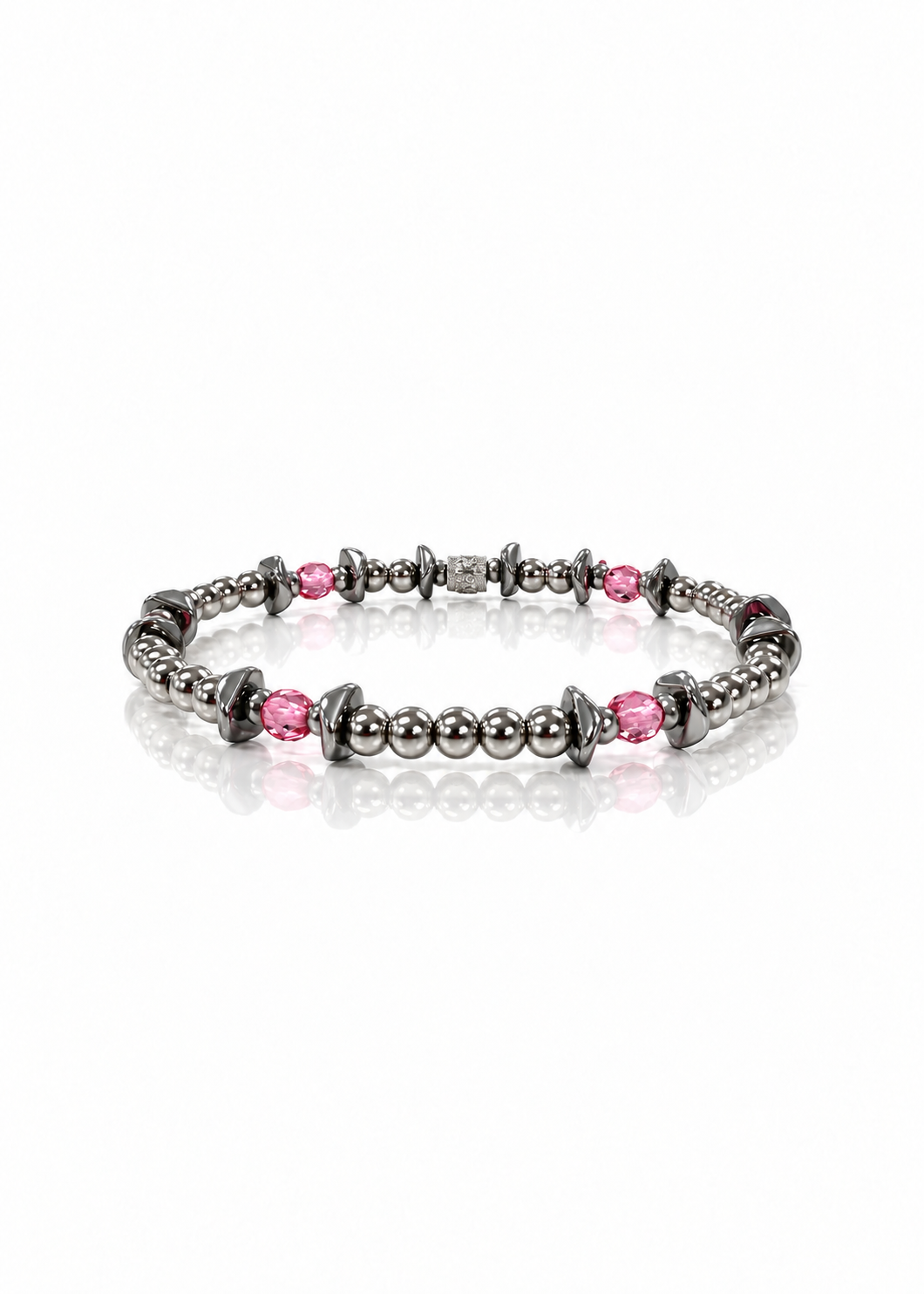 Party Favor Silver bracelet with silver beads and pink accents, side view