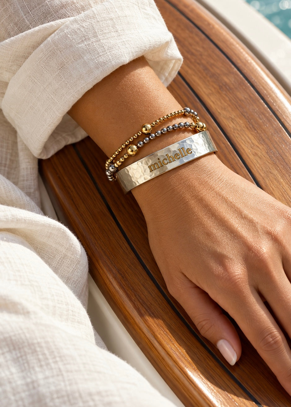 Hammered Engraved Name Cuff – ½″ Silver