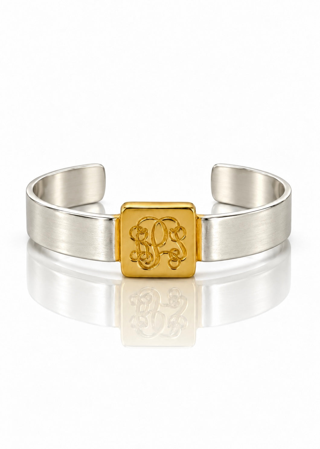 Square Vine Monogram Cuff in silver over brass with gold center