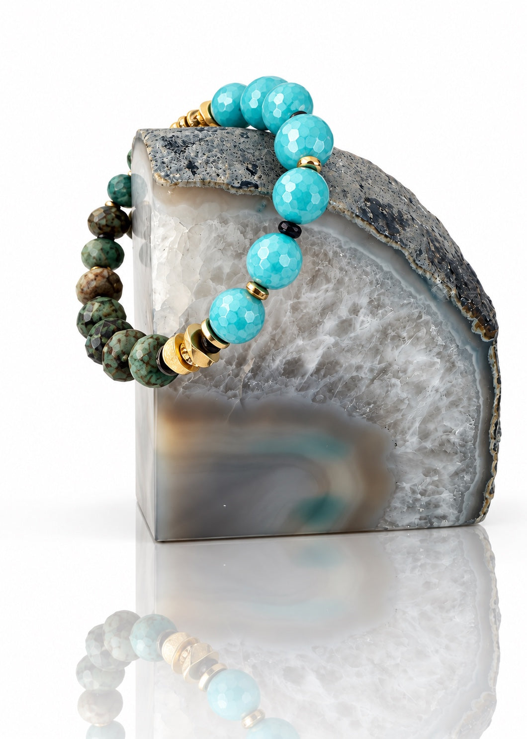 Woodland Blue - River Moss bracelet displayed on an agate bookend