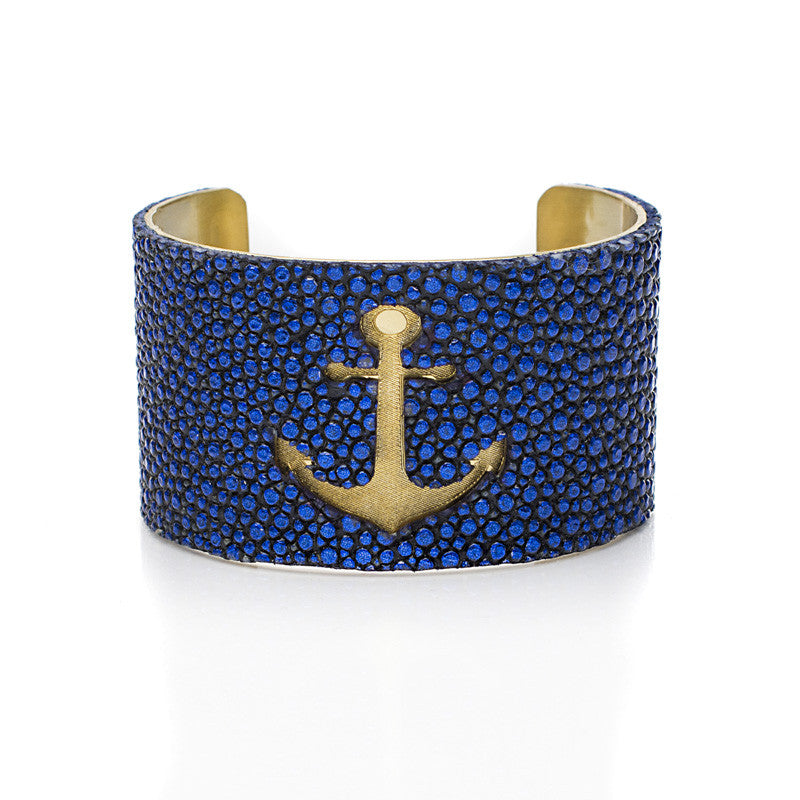 +1.5 Engraved with Stingray Overlay on Flat Gold Cuff - Anchor