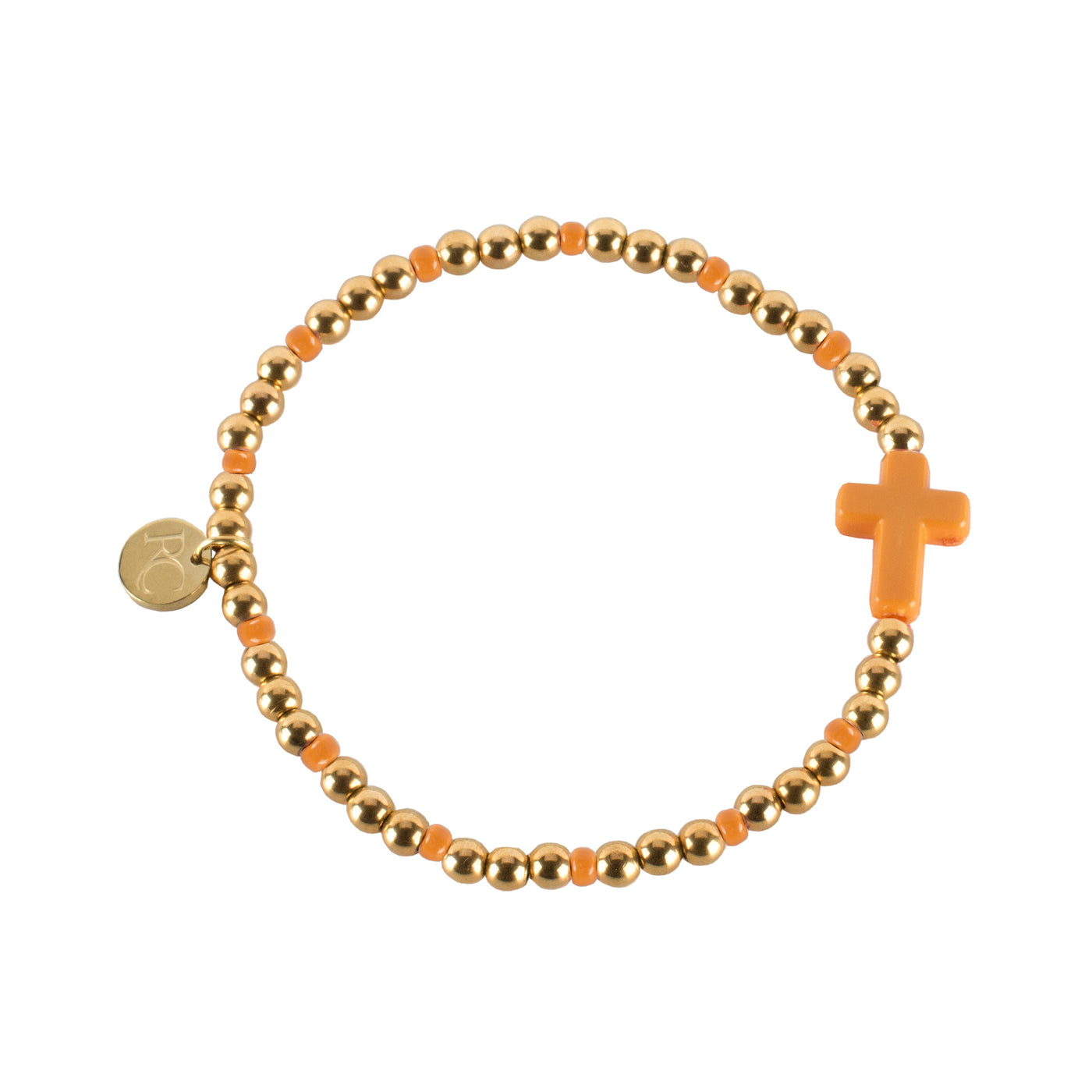 Faith Beaded Gold Bracelet with Cross in Orange